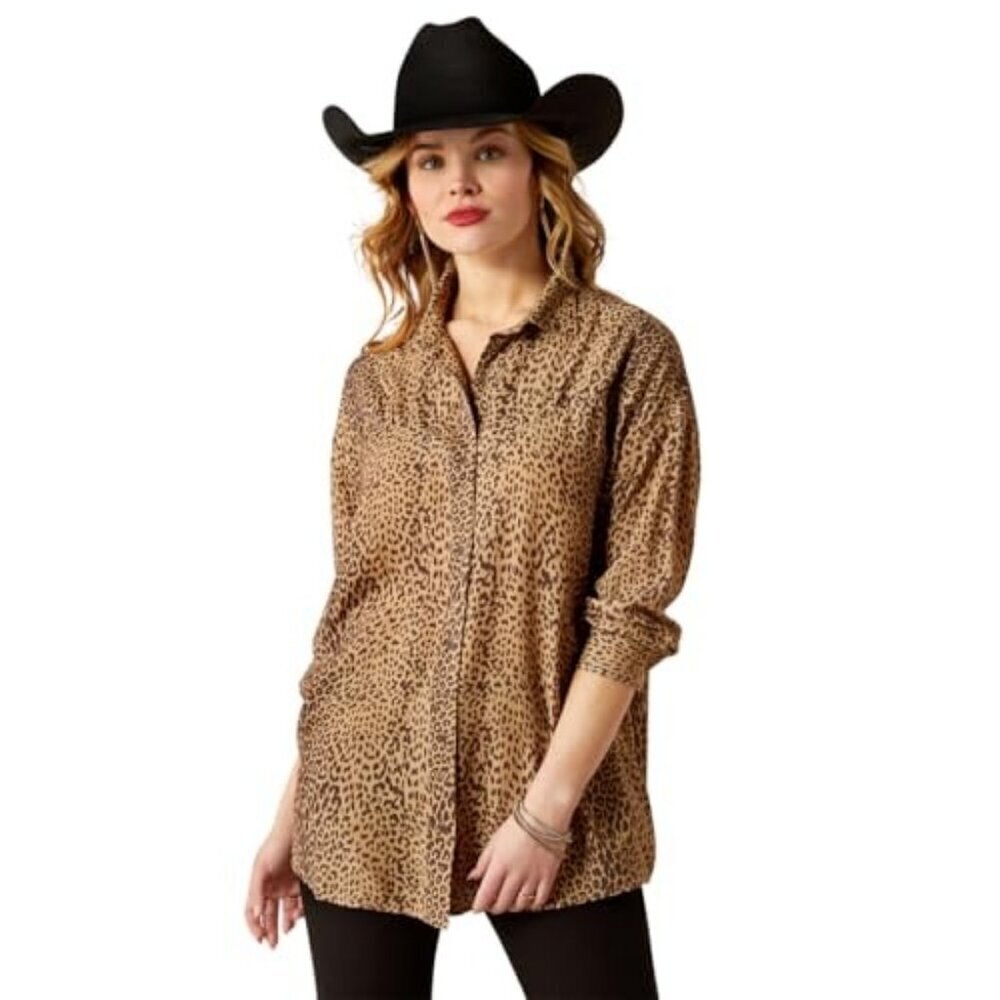 Ariat Women's Long Sleeve Relaxed Fit Leopard Print Button Shirt Tan/Brown